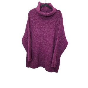 Free People Oversized Alpaca Blend Roll Turtleneck Open Knit Sweater Plum SZ L